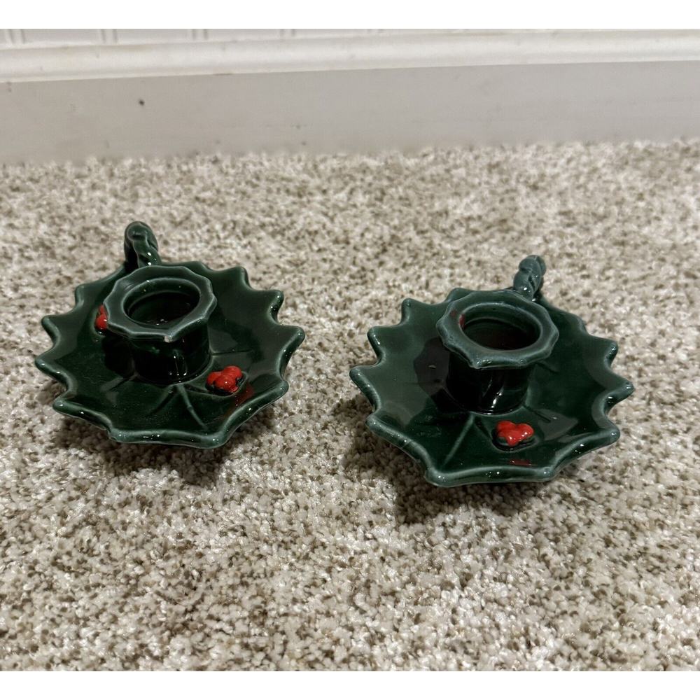 Vintage Pair (2) Holiday Christmas Lefton Holly Candlestick Holders Ceramic -BUB
